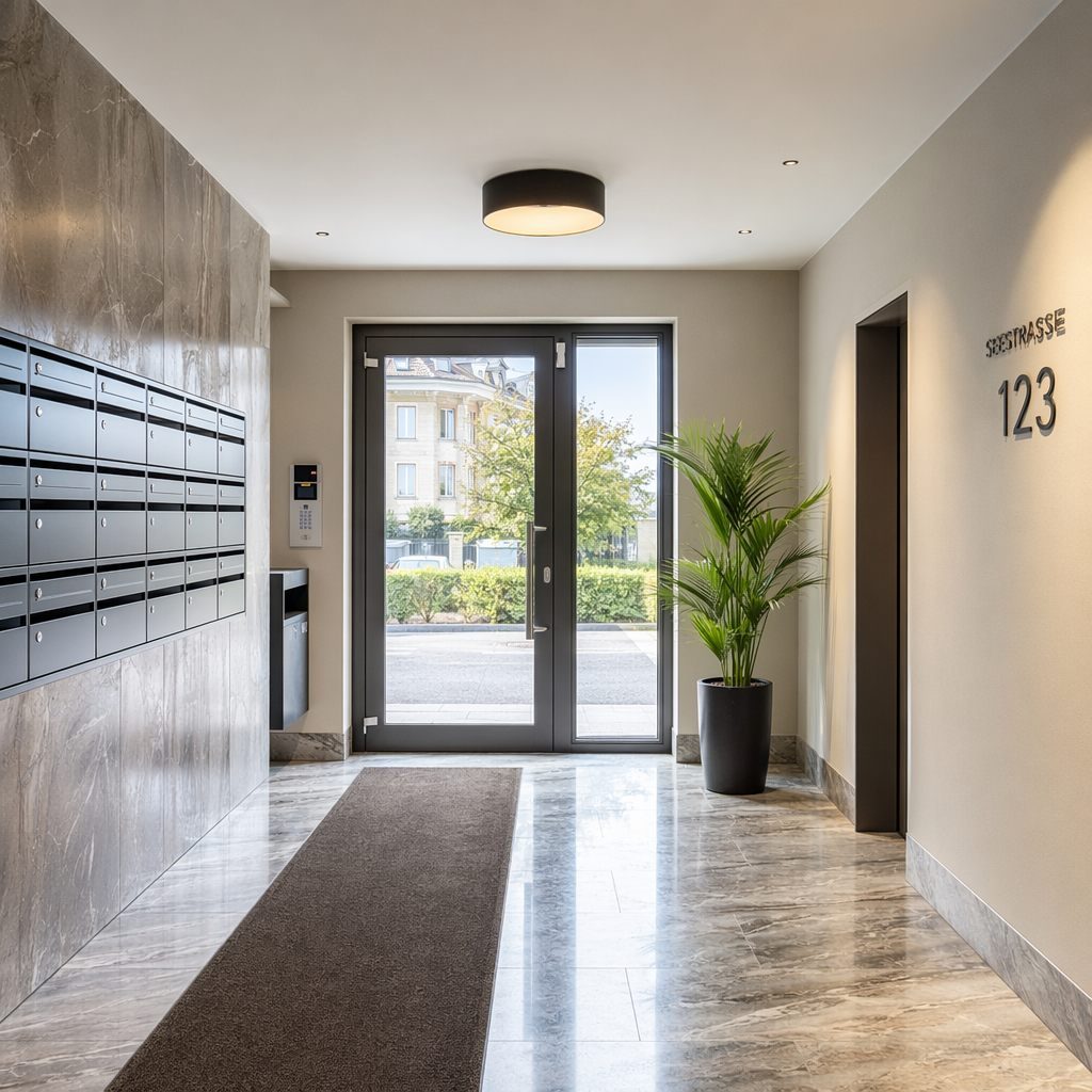 Hall d'entrée d'immeuble propre et entretenu par Romandie Clean Services