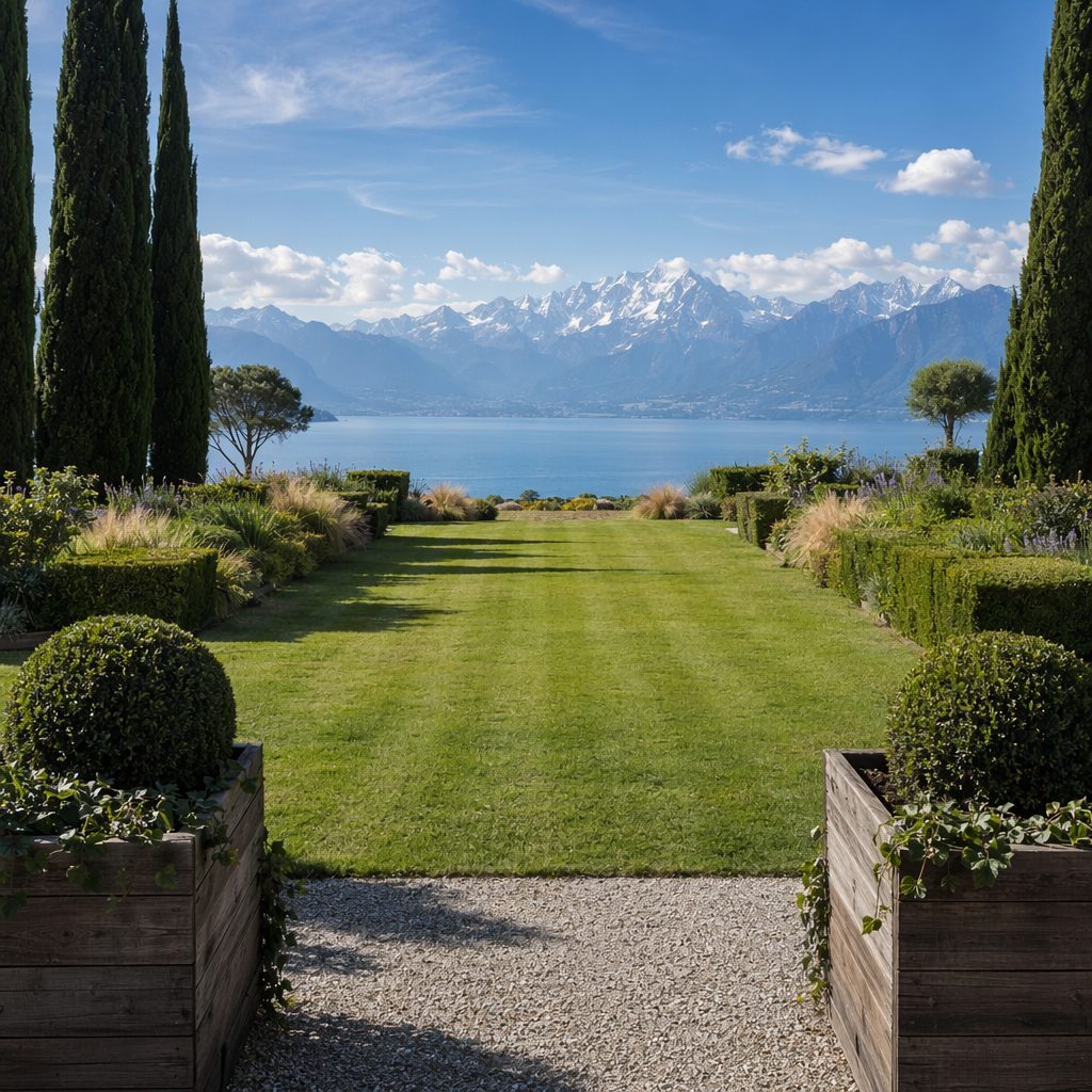 Jardin entretenu avec vue sur le Lac Léman et les Alpes