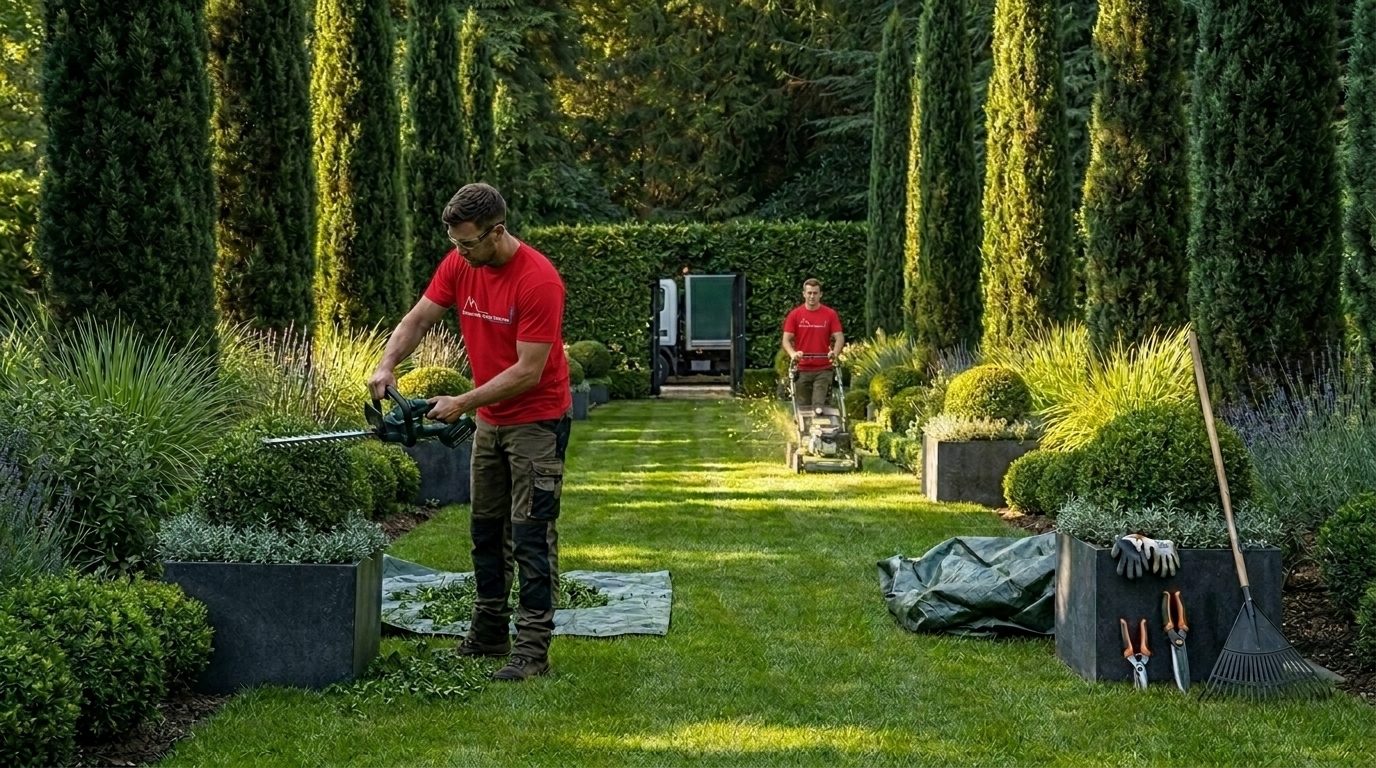 Jardiniers Romandie Clean Services en t-shirt rouge : taille de haie et tonte de pelouse